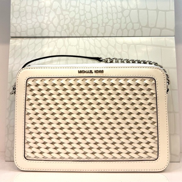 Michael Kors Jet Set Large Woven Crossbody Bag Optic White - Picture 1 of 10